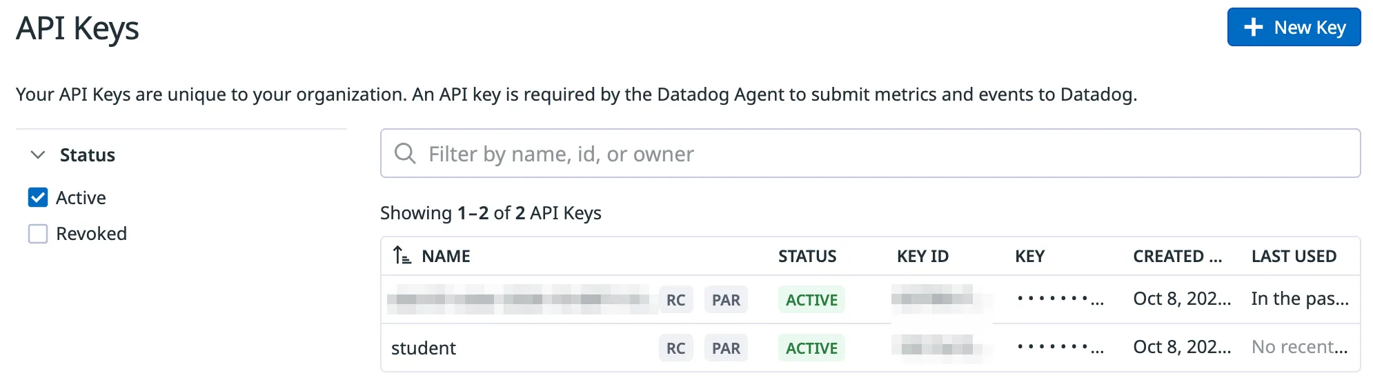 The API Keys page of Organization Settings, listing the student key