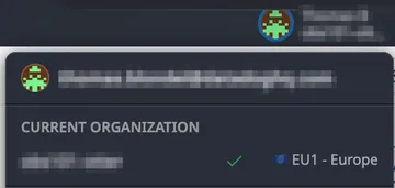 The account menu in Datadog, with the current organization and the EU1 site