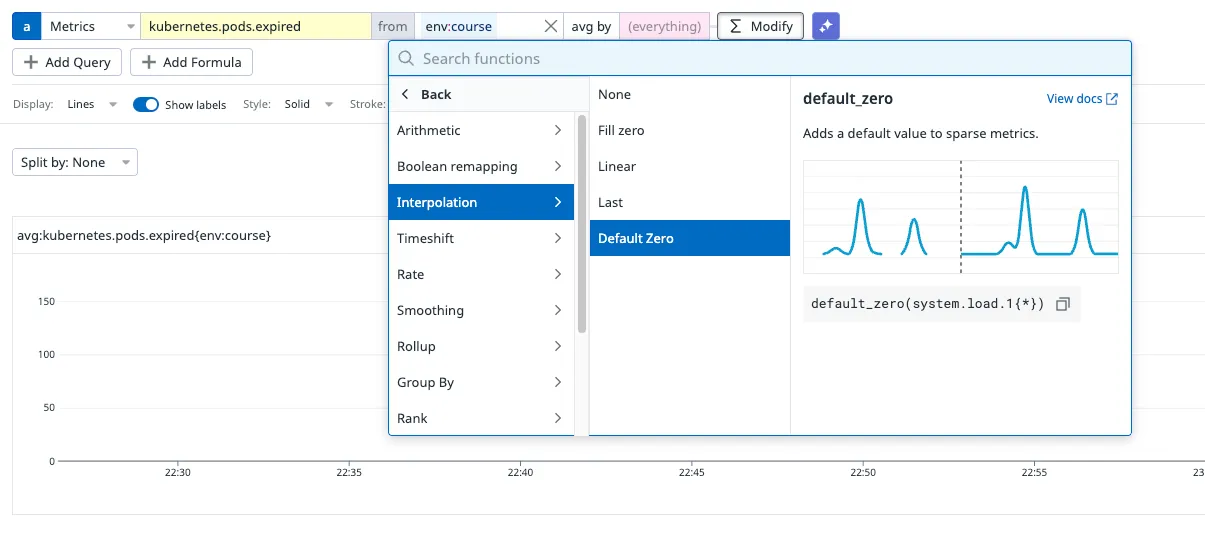 The function menu of a Metrics Explorer query, open on Interpolation, with Default Zero selected